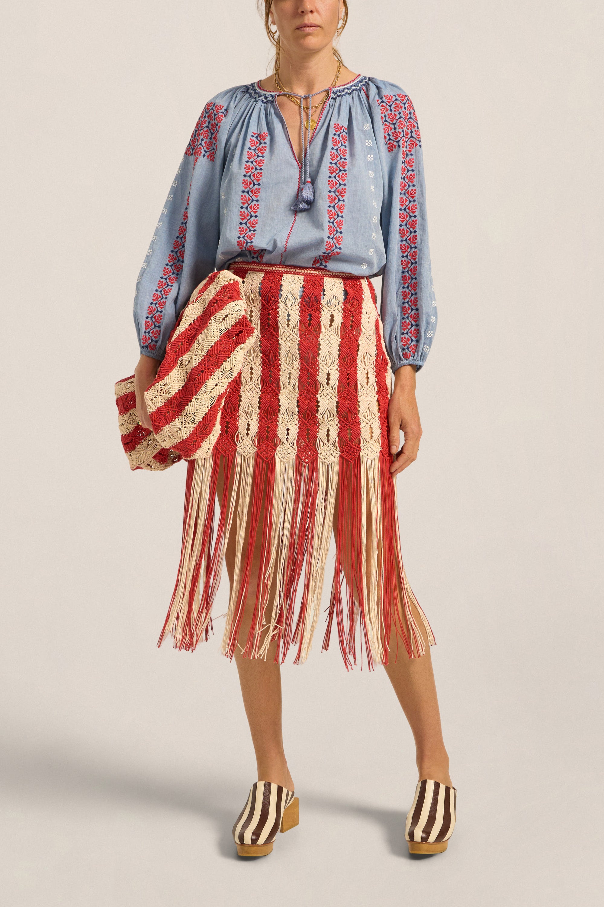 ILIO NEMA Syracuse Red & Cream Macrame Skirt