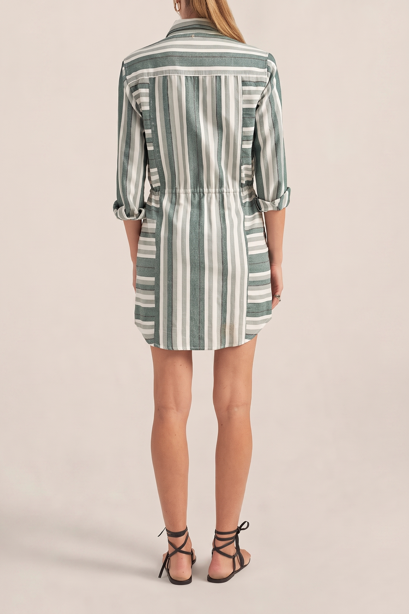 ILIO NEMA Leto Green Cyprus Stripe Shirtdress BACK